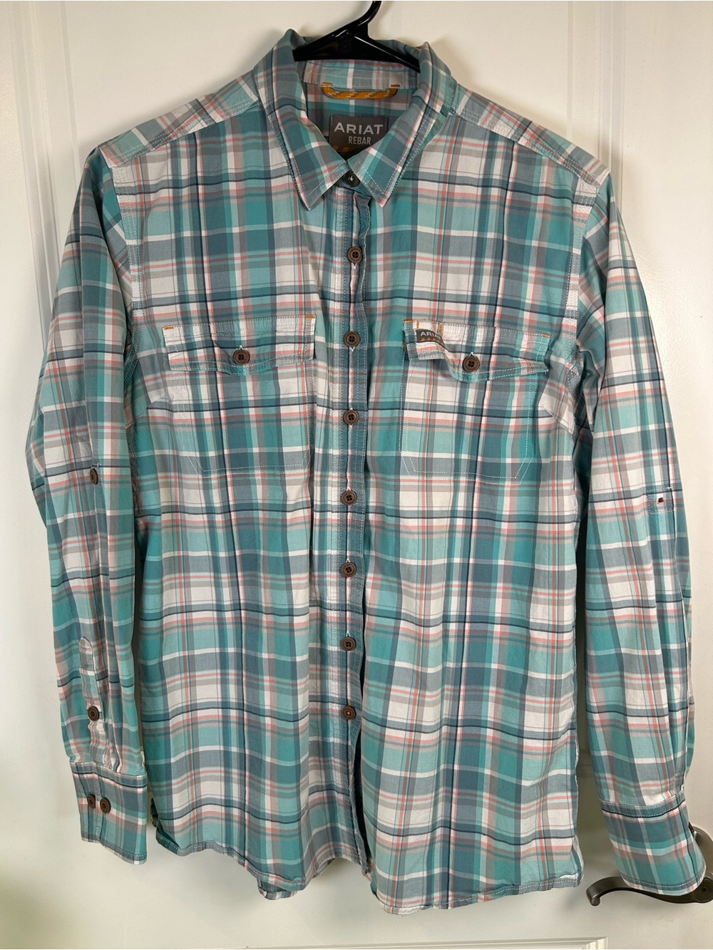 Ariat Rebar Made Tough DuraStretch Turquoise Plaid Shirt Size Large